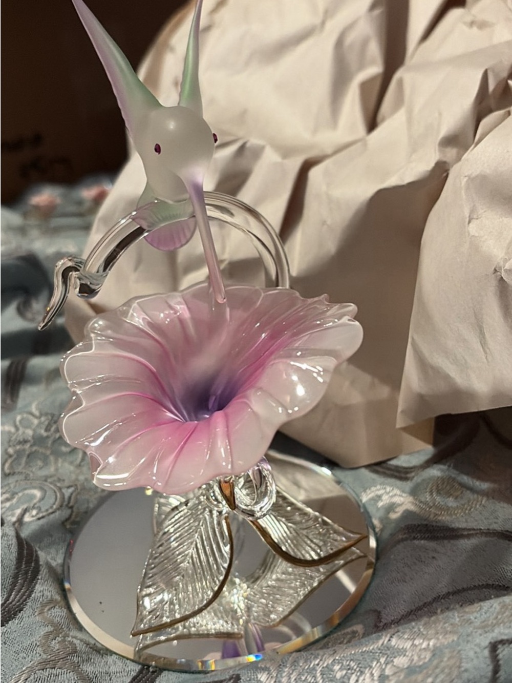 Glass Hummingbird Flower Accent in Pink and Purple